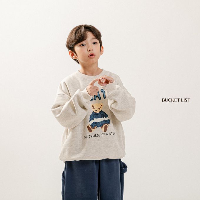 韓國 BUCKET LIST - (內磨毛)泰迪熊熊印長袖大學T-燕麥