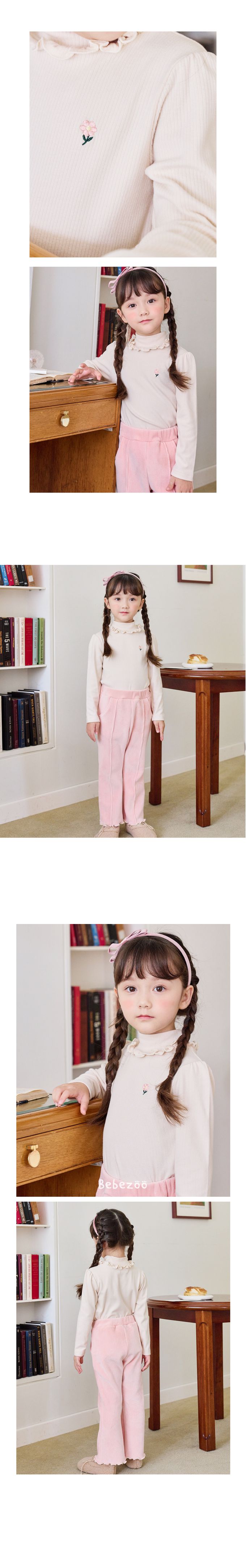 韓國 Bebezoo - 小花刺繡滾邊彈性長袖上衣-奶油白