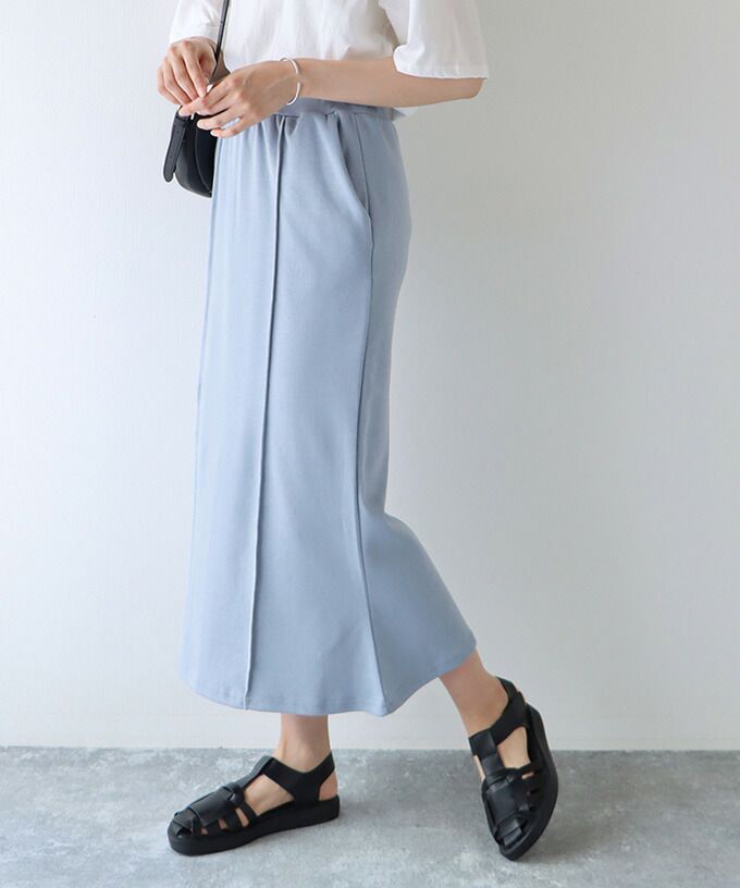 日本 BLUE EAST - 氣質修身法式短袖上衣x滾邊魚尾裙套裝-黑