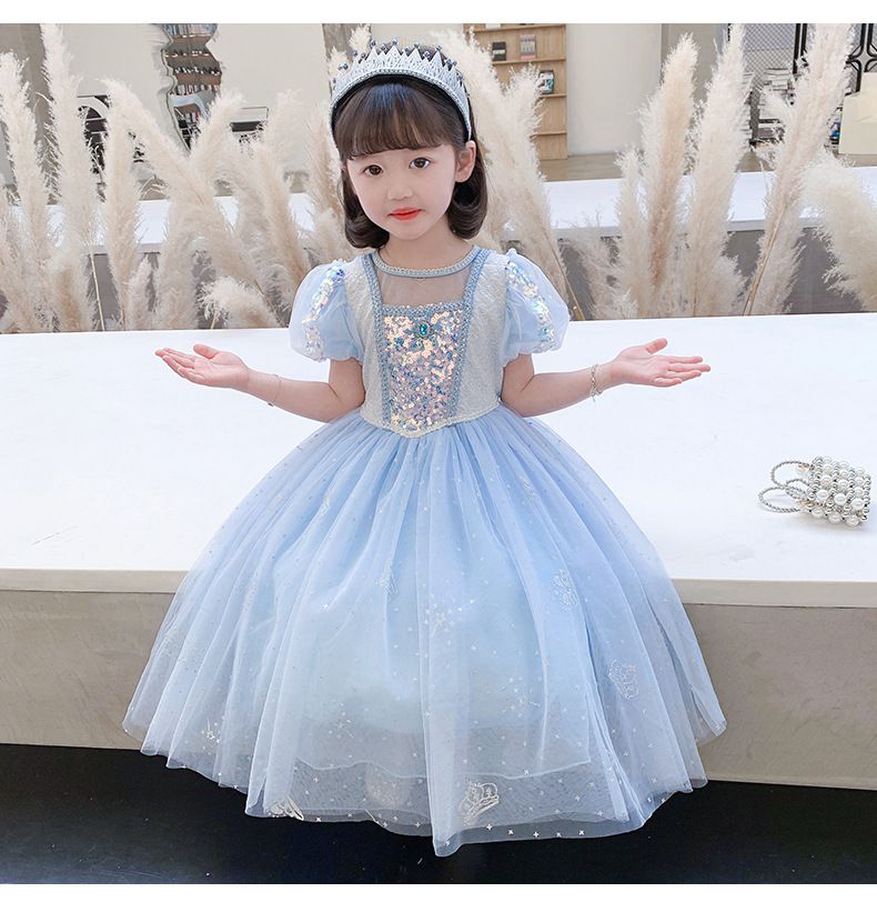 (不含披風)公主亮片短袖網紗洋裝-夢幻藍