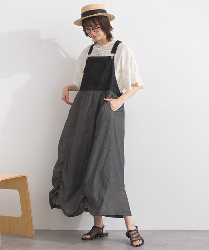 日本 Lupilien - 拼接風抽繩飄逸薄牛仔吊帶洋裝-黑灰系