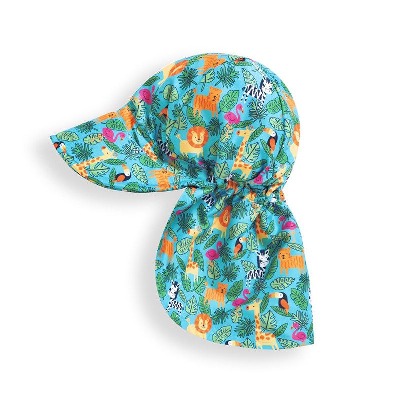 英國 JoJo Maman BeBe - 嬰幼兒/兒童UPF50+防曬護頸遮陽帽-歡樂叢林