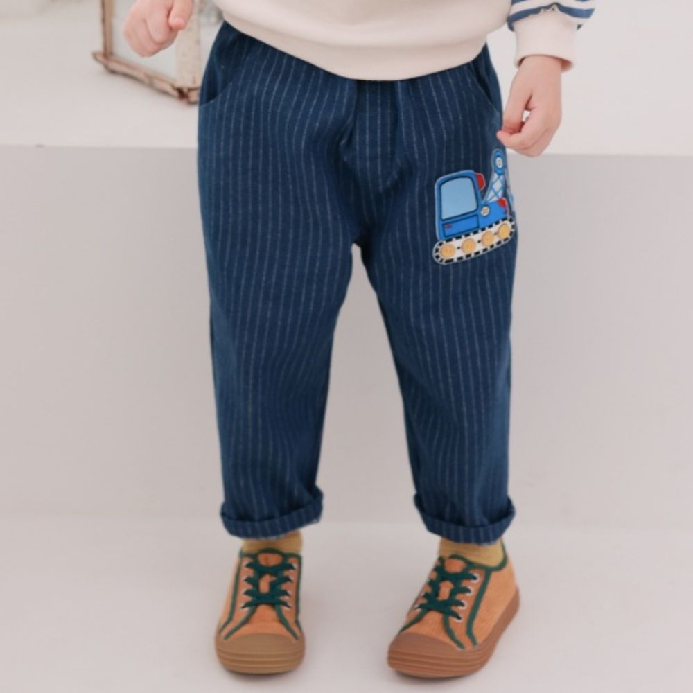 Coco rabbit (內磨毛)鬆緊腰直紋丹寧褲-藍色吊車