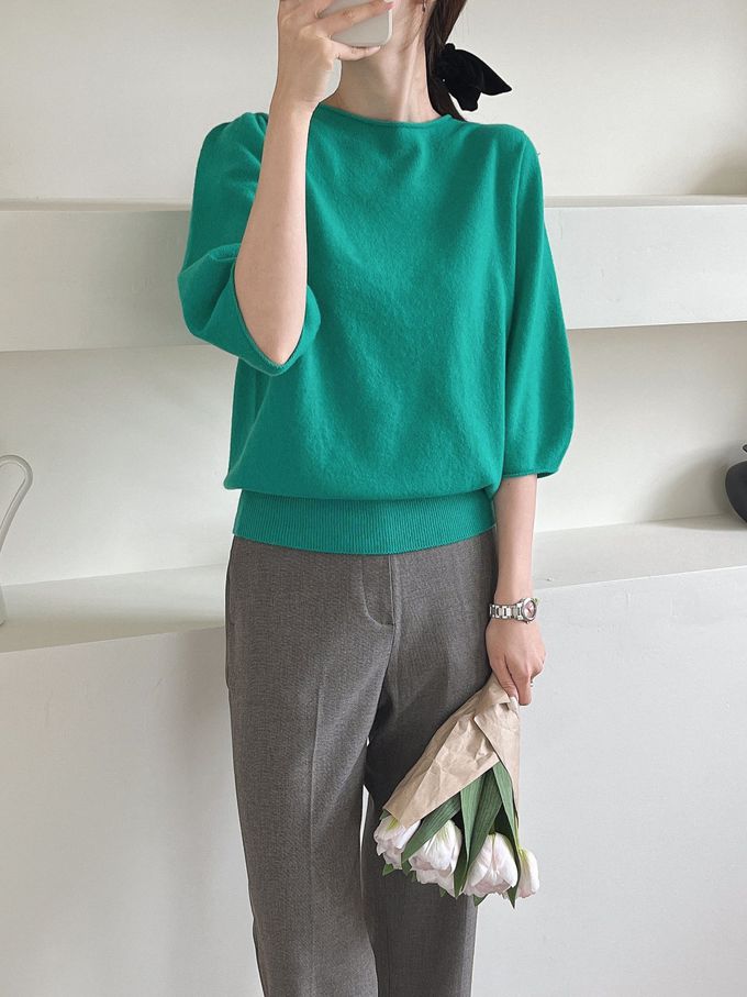 韓國女裝連線 - 不刺膚！喀什米爾羊毛七分袖針織上衣-燕麥 (FREE)