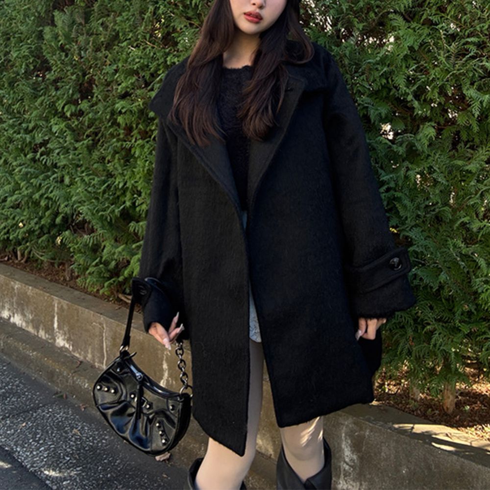 蓬鬆毛海感2way俐落立領大衣外套-黑 (F)