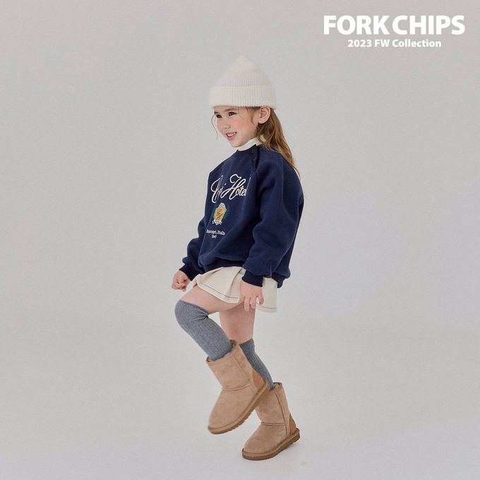 韓國 FORK CHIPS - (內磨毛)刺繡點綴圓領大學T-深藍
