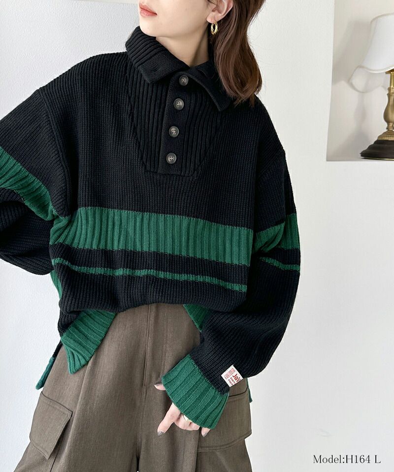 日本 Classical Elf - 排釦翻領撞色羅紋針織上衣-淺米x咖啡