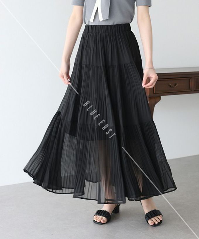 日本 BLUE EAST - 優雅細摺雪紡分層鬆緊長裙-黑 (M)