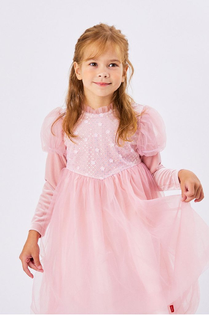 韓國 OZKIZ - 花朵亮片點綴網紗公主袖洋裝-粉