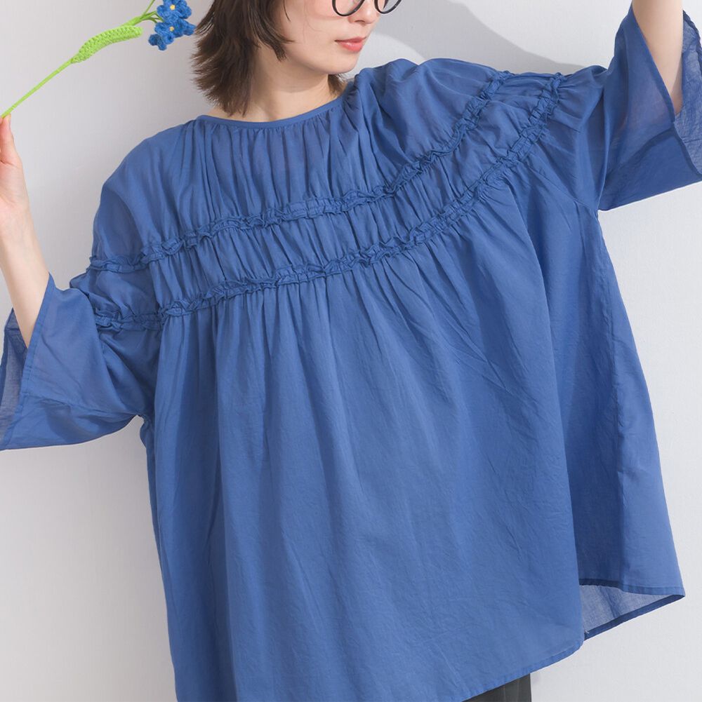 100%棉 輕盈感皺摺廓形五分袖上衣-藍