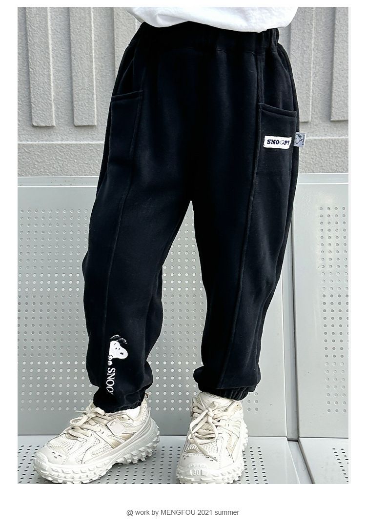 卡通人物史努比腰鬆緊束口運動褲-偷看的SNOOPY-黑色