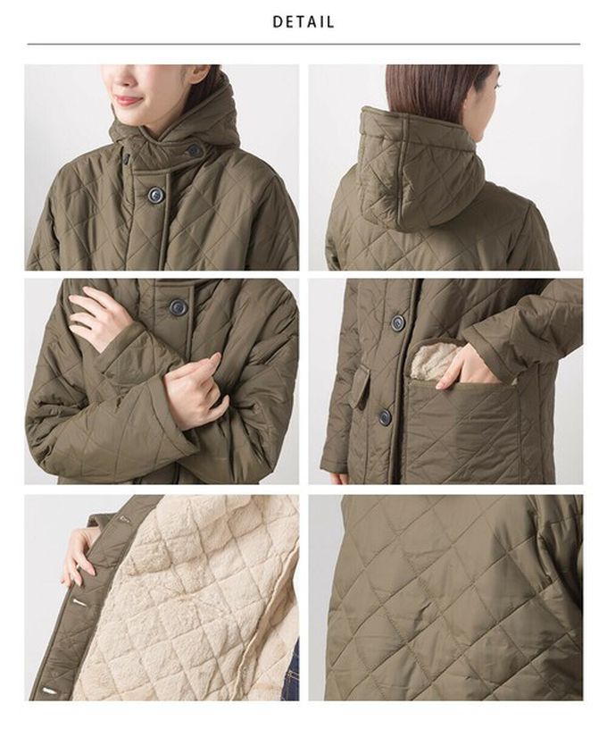 日本 OMNES - 厚刷毛衍縫鋪棉長版連帽保暖外套-杏 (M)