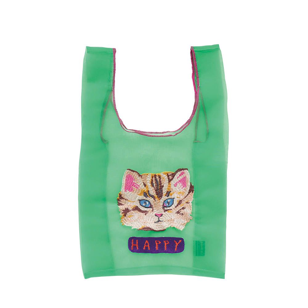 貓咪刺繡薄紗手提袋-草綠