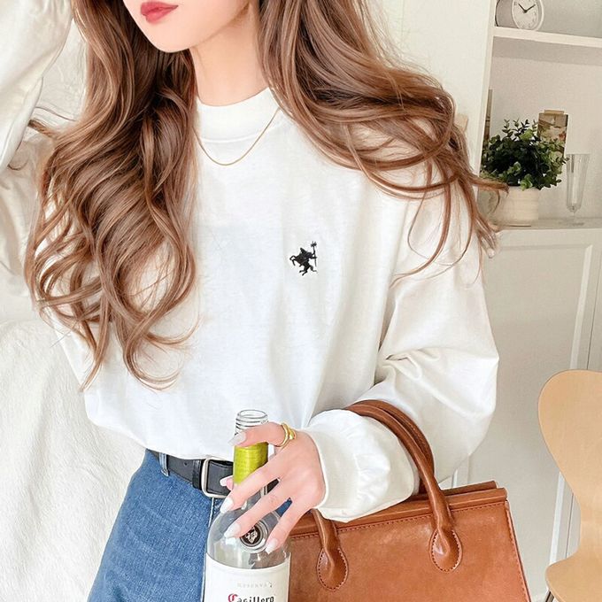 日本 Classical Elf - 百搭logo刺繡微立領長袖上衣-白條紋-黑底