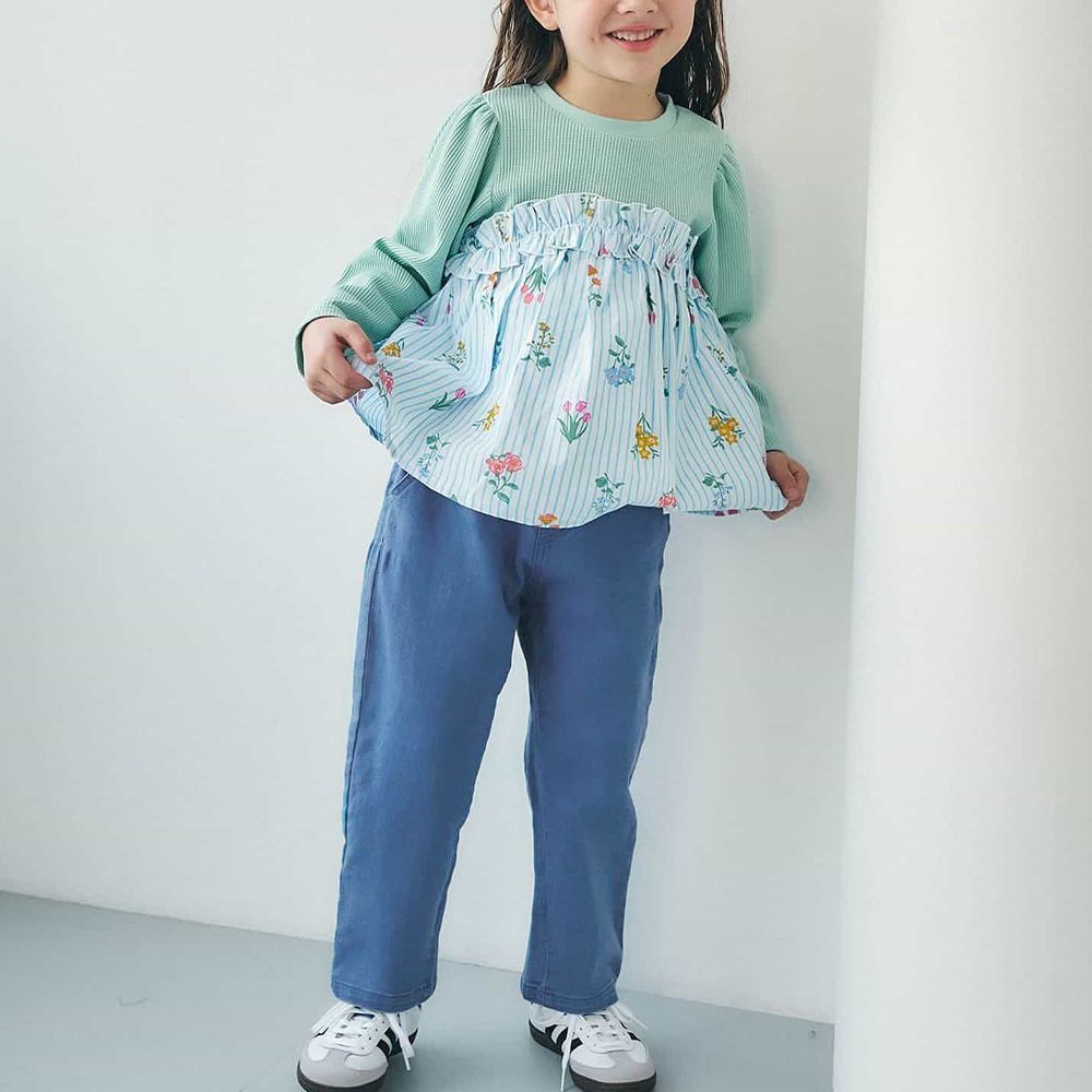 愛心口袋蕾絲後腰百搭長褲-丹寧藍