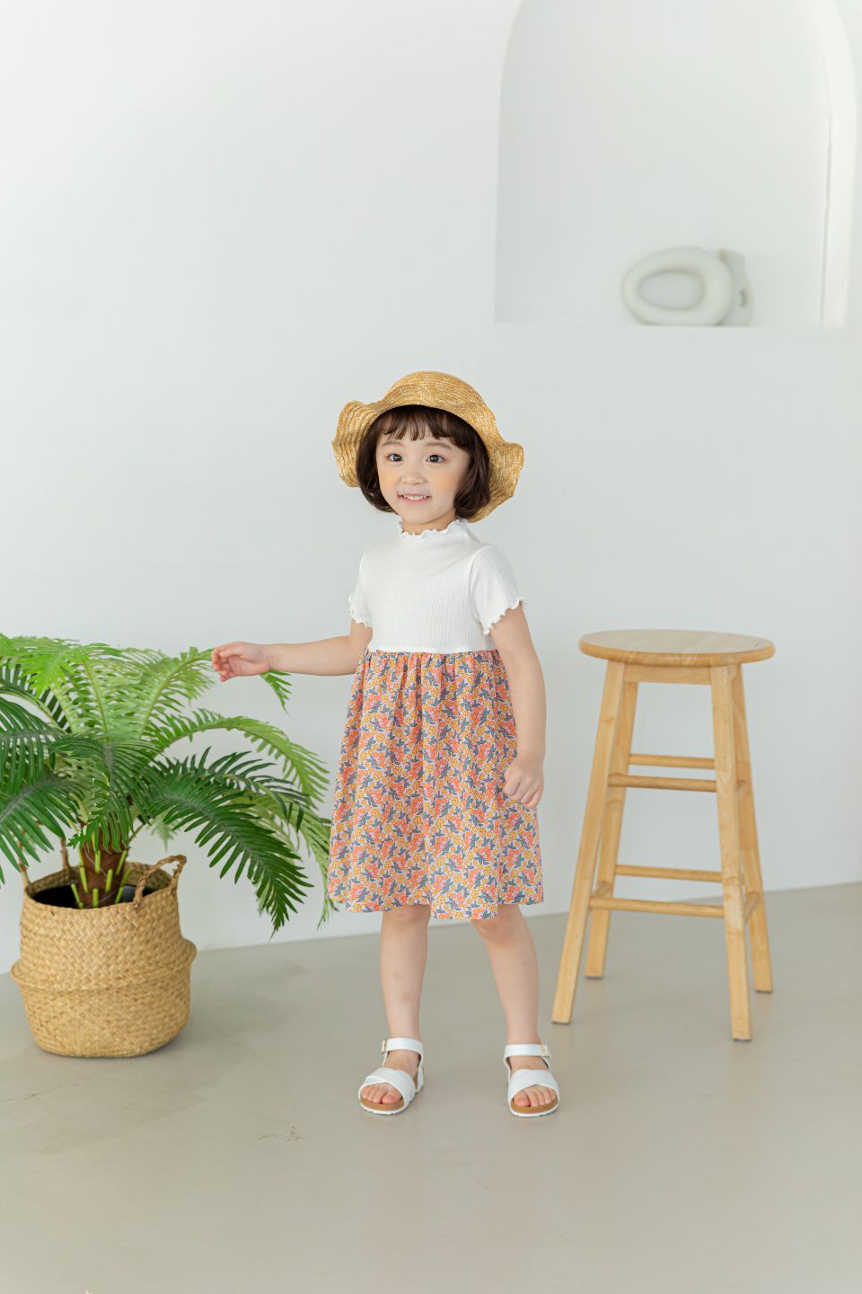 韓國 Orange Mom - 果實花朵異材質拼接洋裝-橘/黃