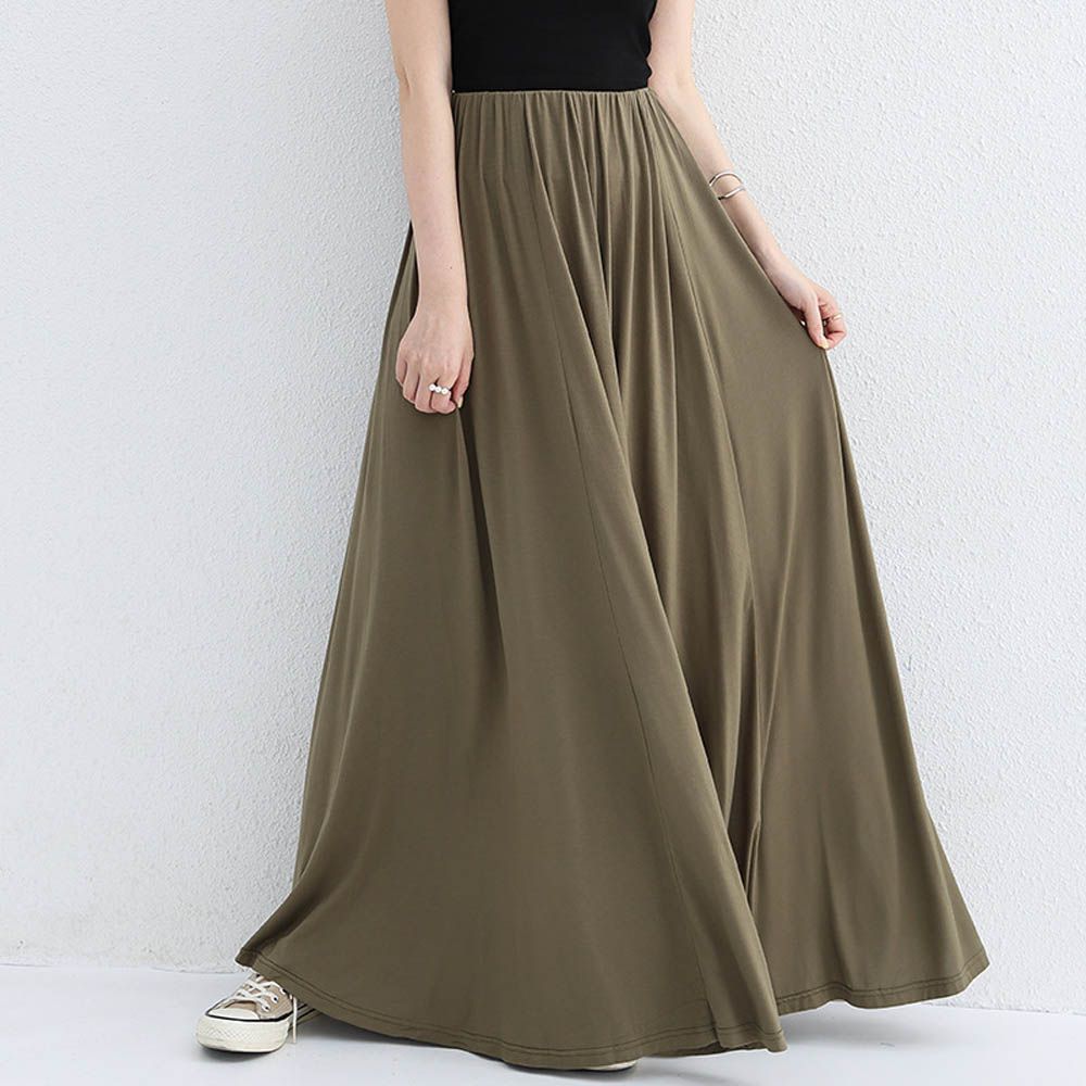 莫代爾舒適大裙襬修身長裙-軍綠色