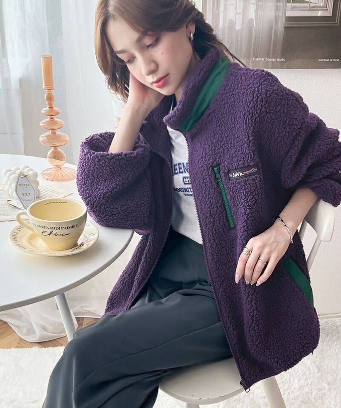 日本 Classical Elf - 泰迪熊毛絨立領運動風配色外套-紫x綠