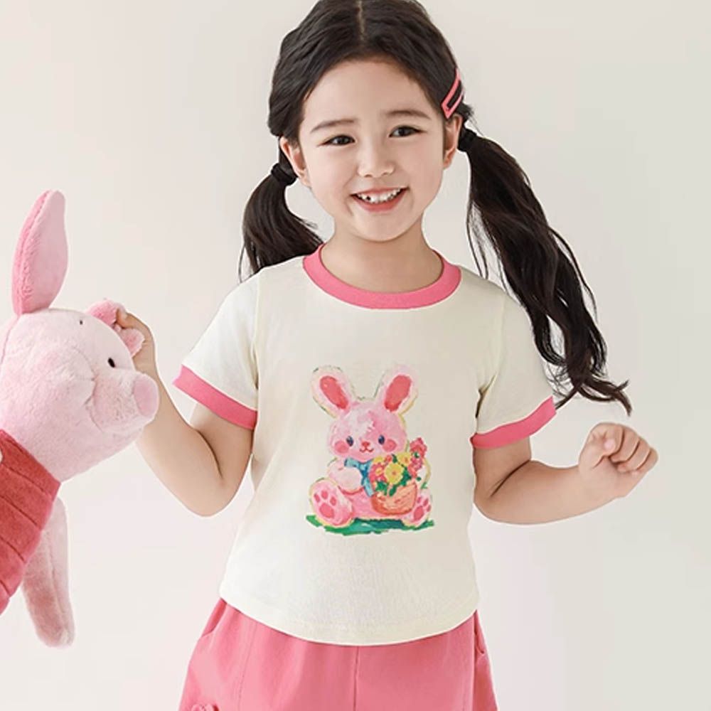 撞色拼接圓領短袖上衣-兔子-米色