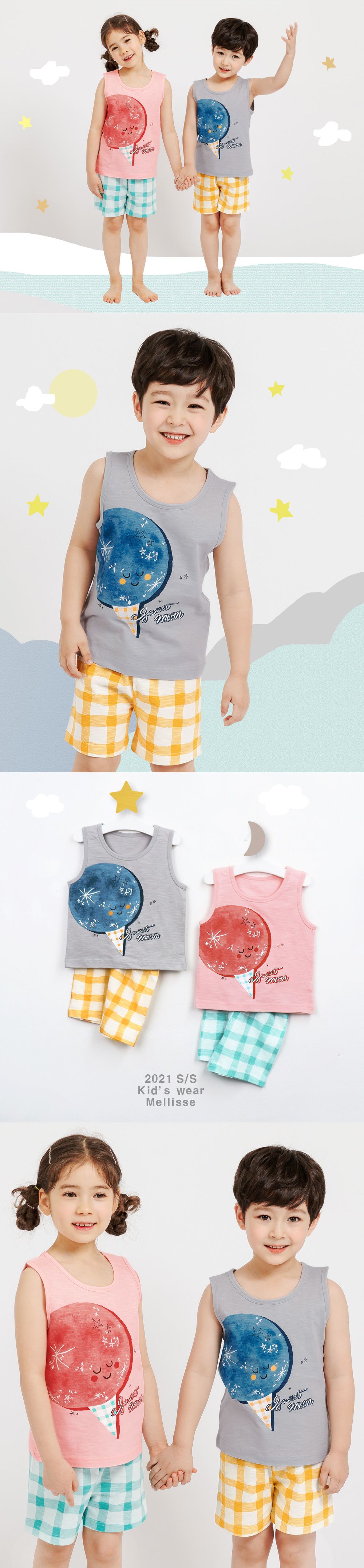 韓國 Mellisse - 韓製極致細柔無袖家居服(無螢光棉)-閃閃月亮冰淇淋-灰藍