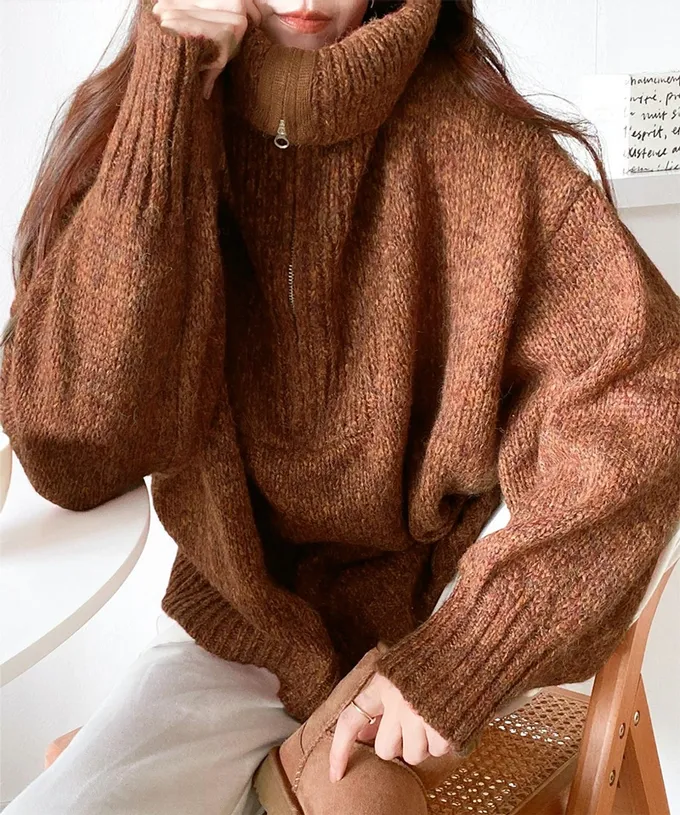 日本 Classical Elf - Java 半拉鏈率性寬鬆素面毛衣-綠