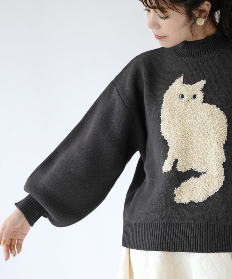 日本 zootie - 貓咪印花短絨拼接毛衣-深灰