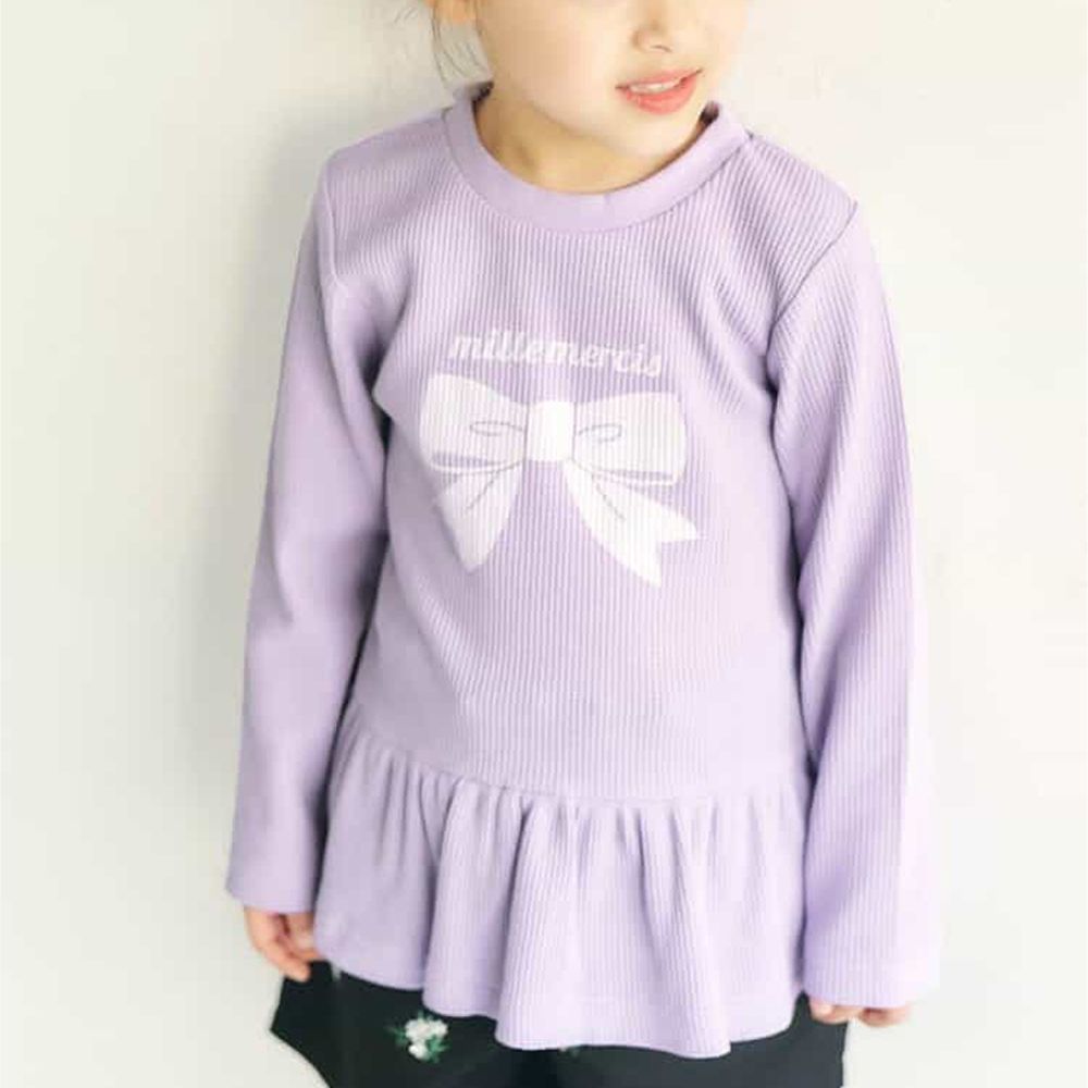 可愛荷葉下擺羅紋長袖上衣-蝴蝶結-薰衣草