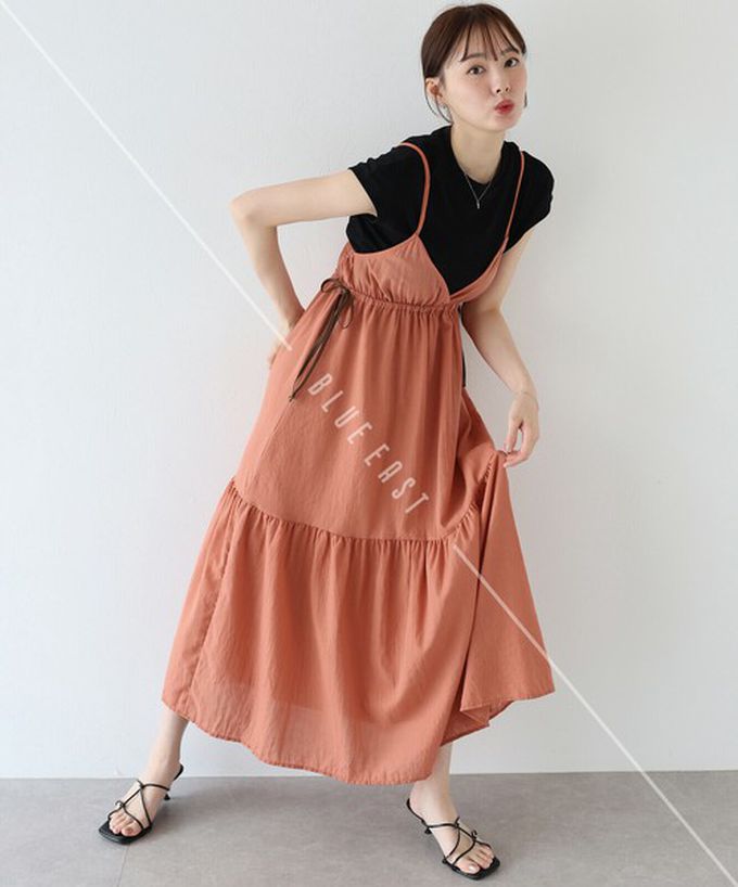 日本 BLUE EAST - 滿分可愛側蝴蝶結細肩帶洋裝-橘 (M)