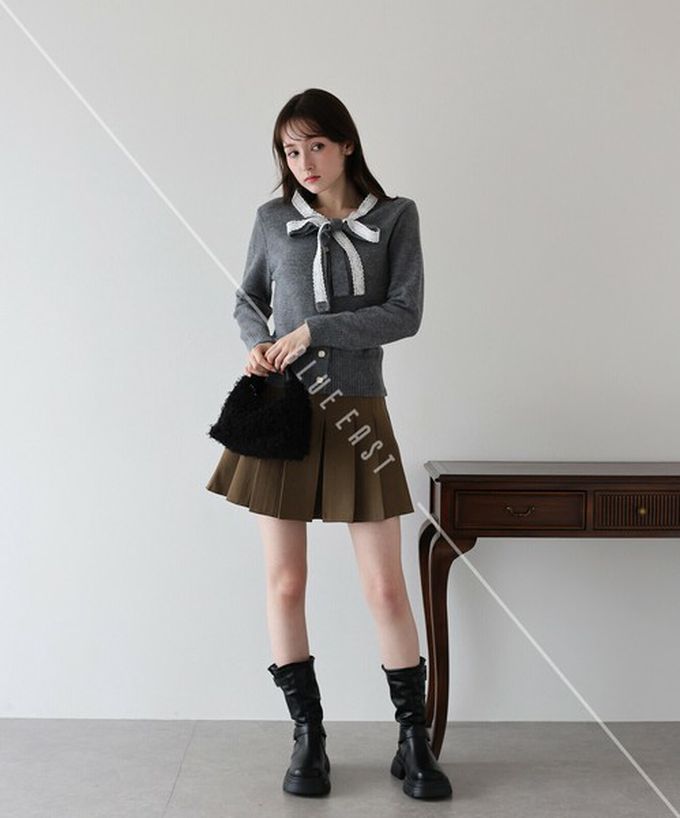 日本 BLUE EAST - 少女爛漫蕾絲蝴蝶結開襟衫-灰