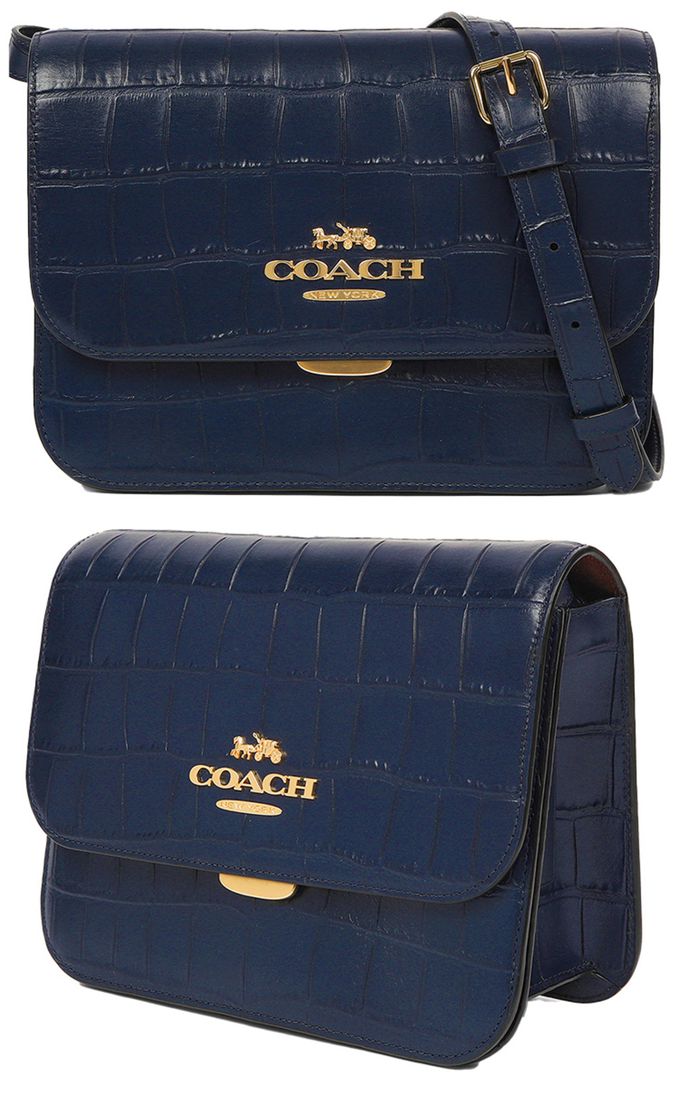 COACH - 鱷魚紋皮革翻蓋斜背包 (午夜藍)