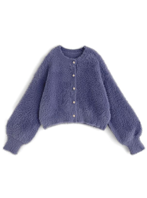 日本 GRL - 花朵珍珠釦毛絨外套-奶茶灰 (F)