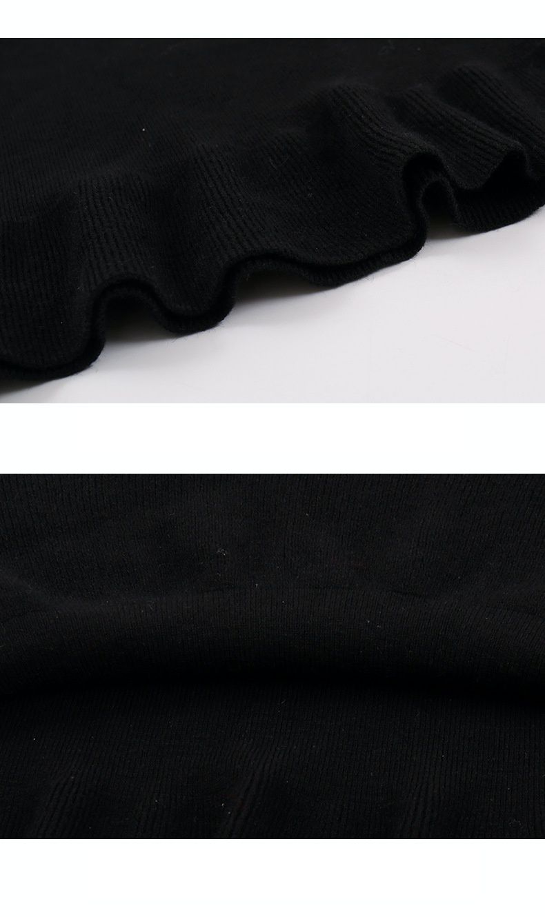 假兩件V領泡泡袖毛衣連身裙-黑色