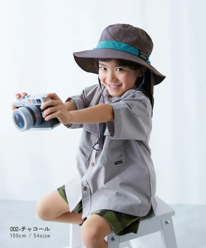 日本 devirock - UVcut 防潑水蓋脖遮陽帽(可親子裝)-炭灰x綠