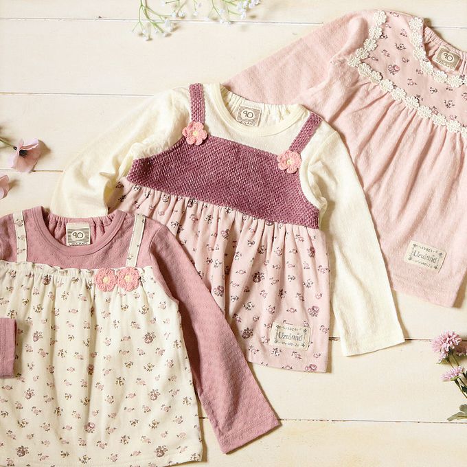 日本 ZOOLAND - 清新紋理假二件長袖上衣-撞色花朵-象牙x玫粉