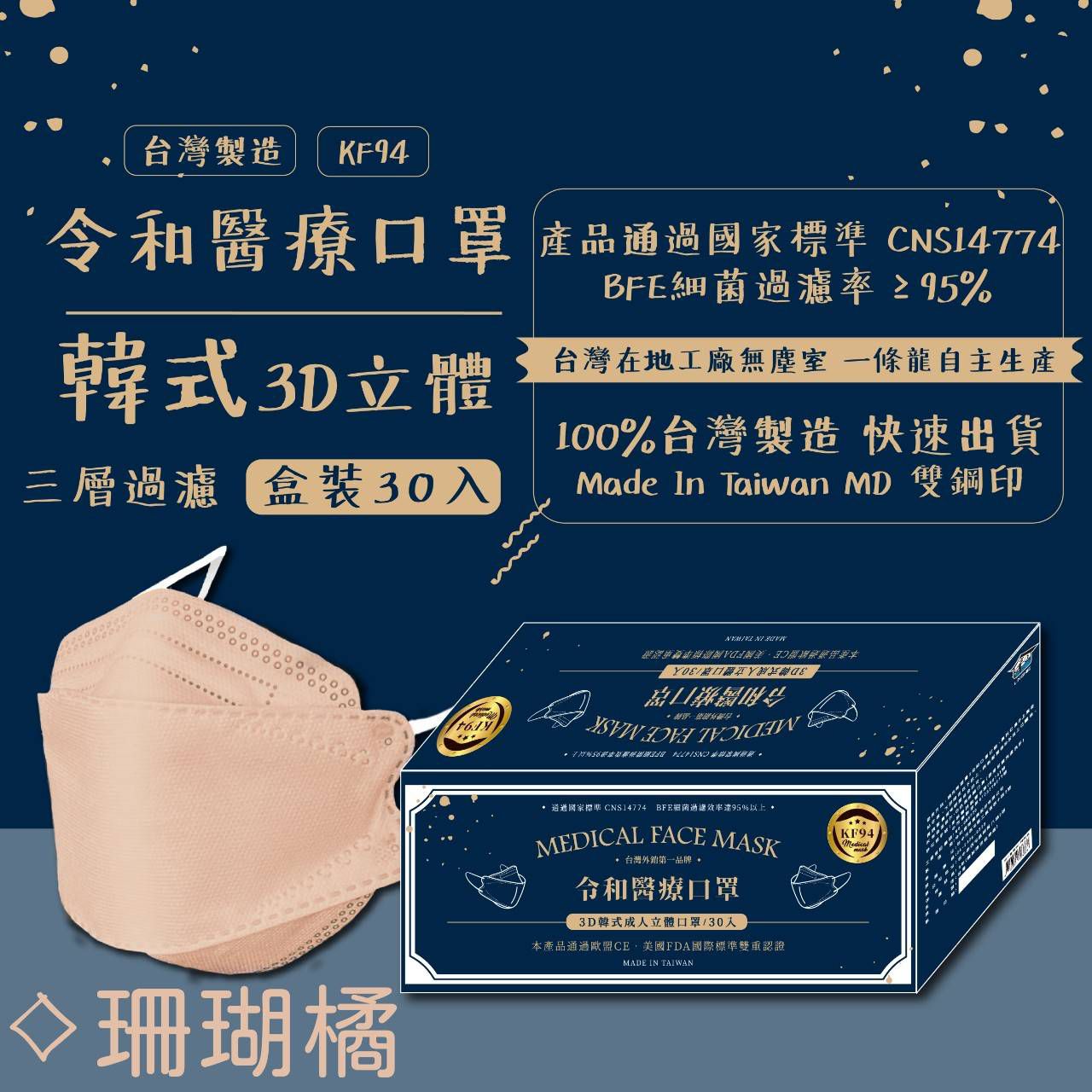 令和 Linghe - 成人醫療級韓式KF94立體口罩/雙鋼印/台灣製-4D魚形/3D韓版-珊瑚橘 (20.5x8.2±0.5cm)-10入/盒(未滅菌)