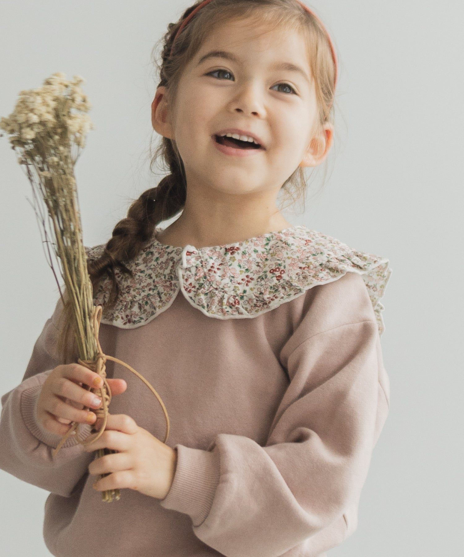 日本 PAIRMANON - 歐風翻領刷毛長袖上衣-碎花領-煙燻粉