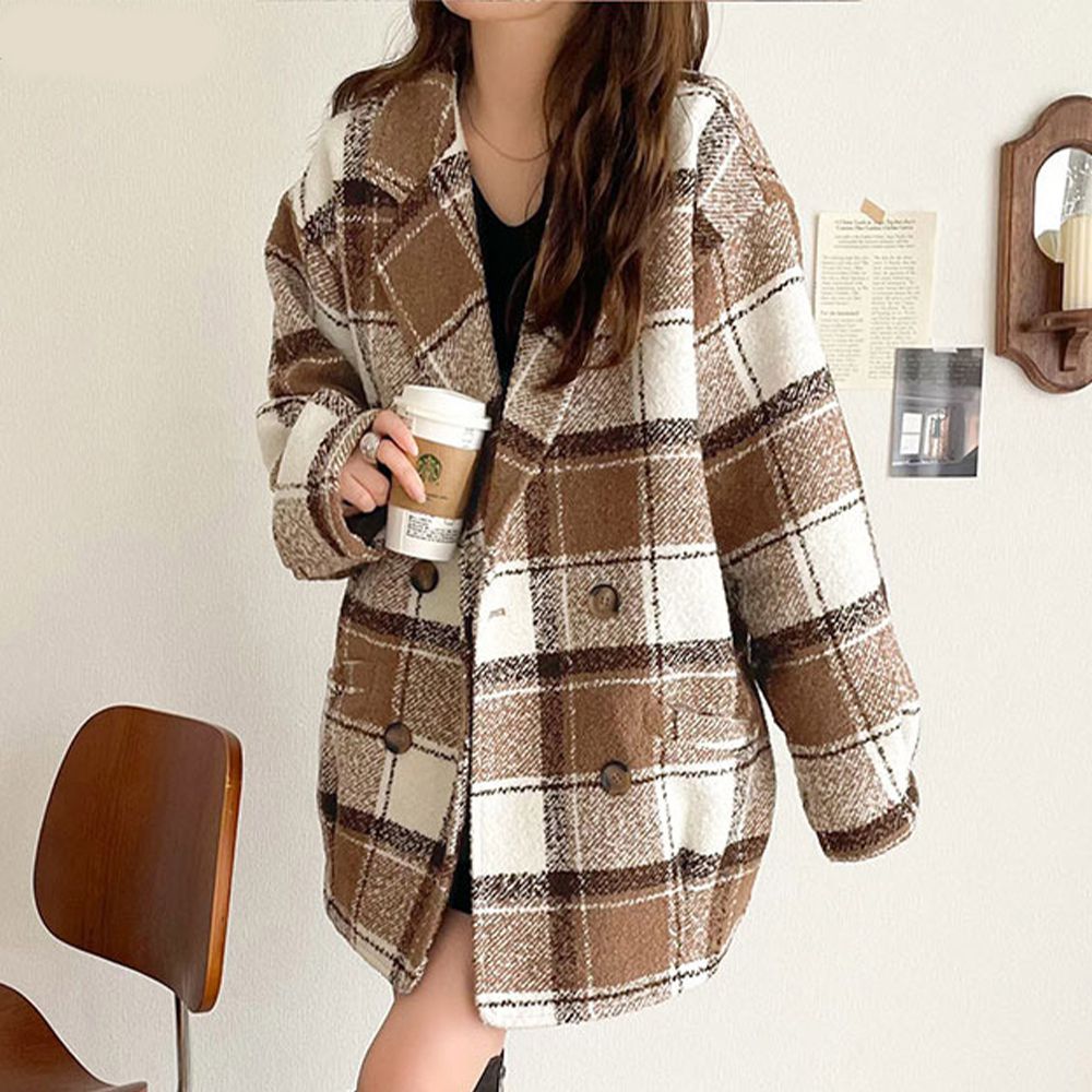 亮麗格紋翻領廓形中長版大衣-焦糖棕