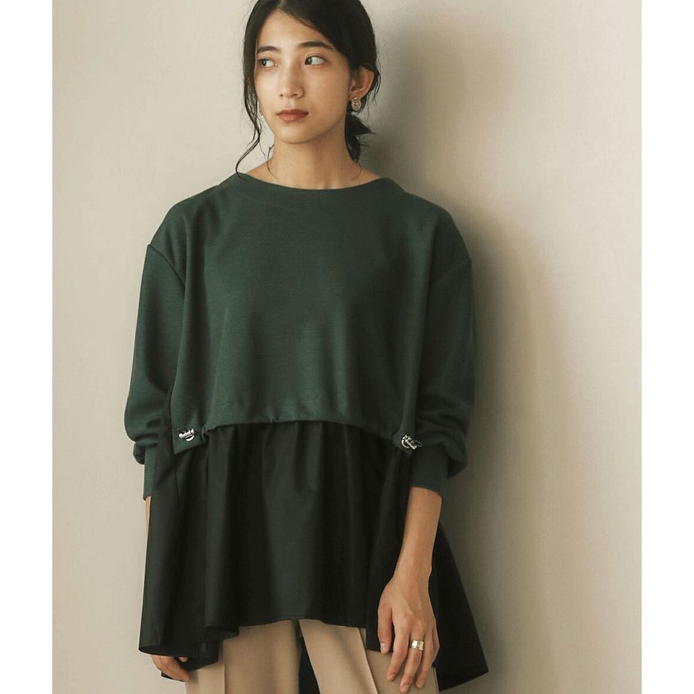 日本 Bou Jeloud - 抽繩異材質拼接設計長袖上衣-墨綠X黑