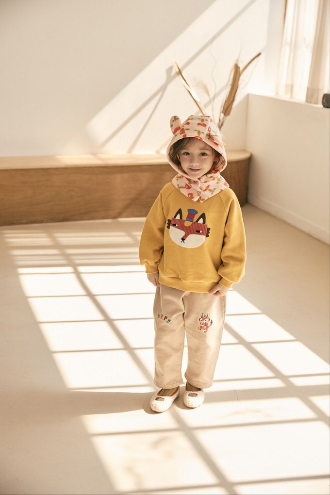 韓國 Mimico - (內磨毛)鬆緊腰動物印長褲-狐狸-淺卡其