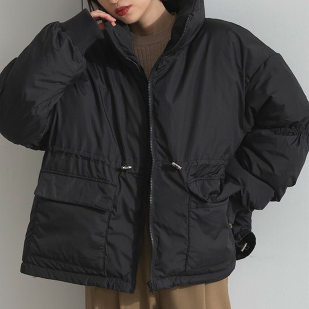 蓬鬆袖立領腰抽繩科技羽絨保暖外套-黑