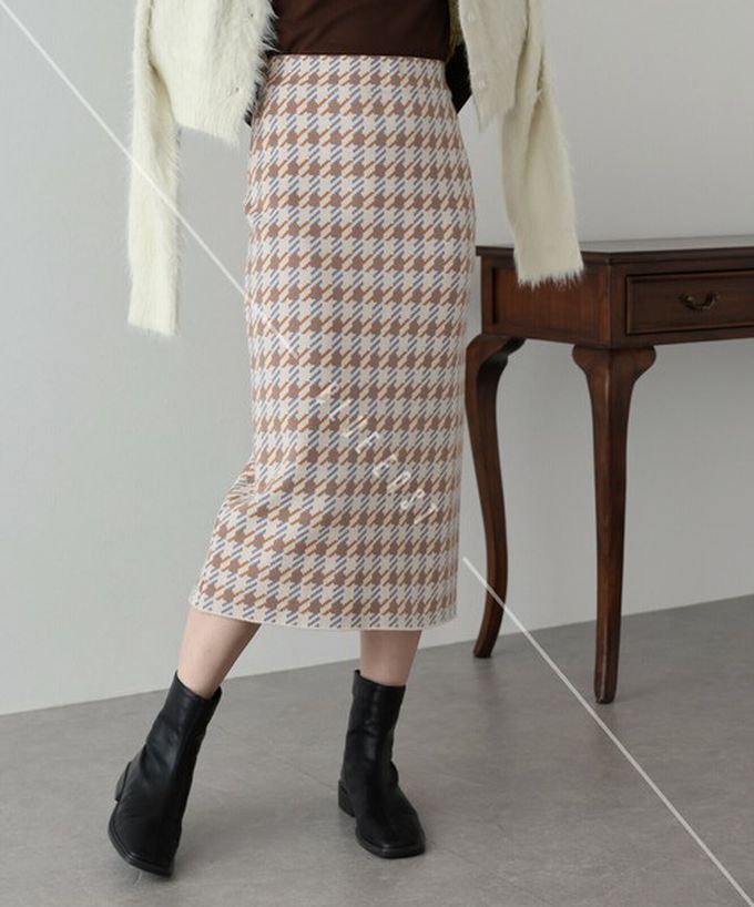 日本 BLUE EAST - 氣質千鳥格針織開叉合身長裙-灰白