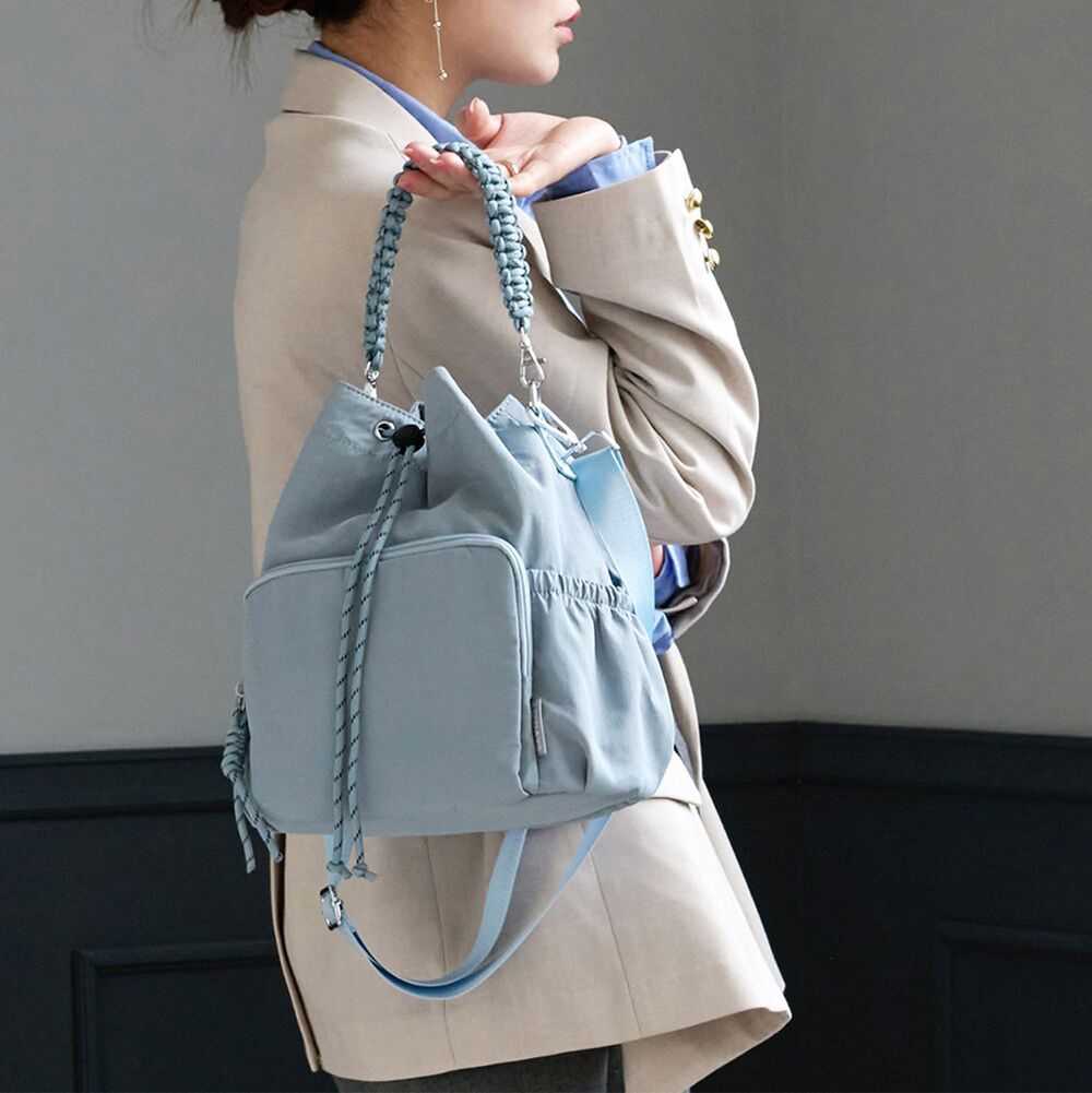 潑水加工 8口袋輕量抽繩尼龍手提/側背包-灰藍