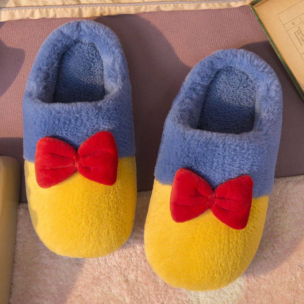 毛毛保暖室內拖鞋-小蝴蝶結-黃藍色