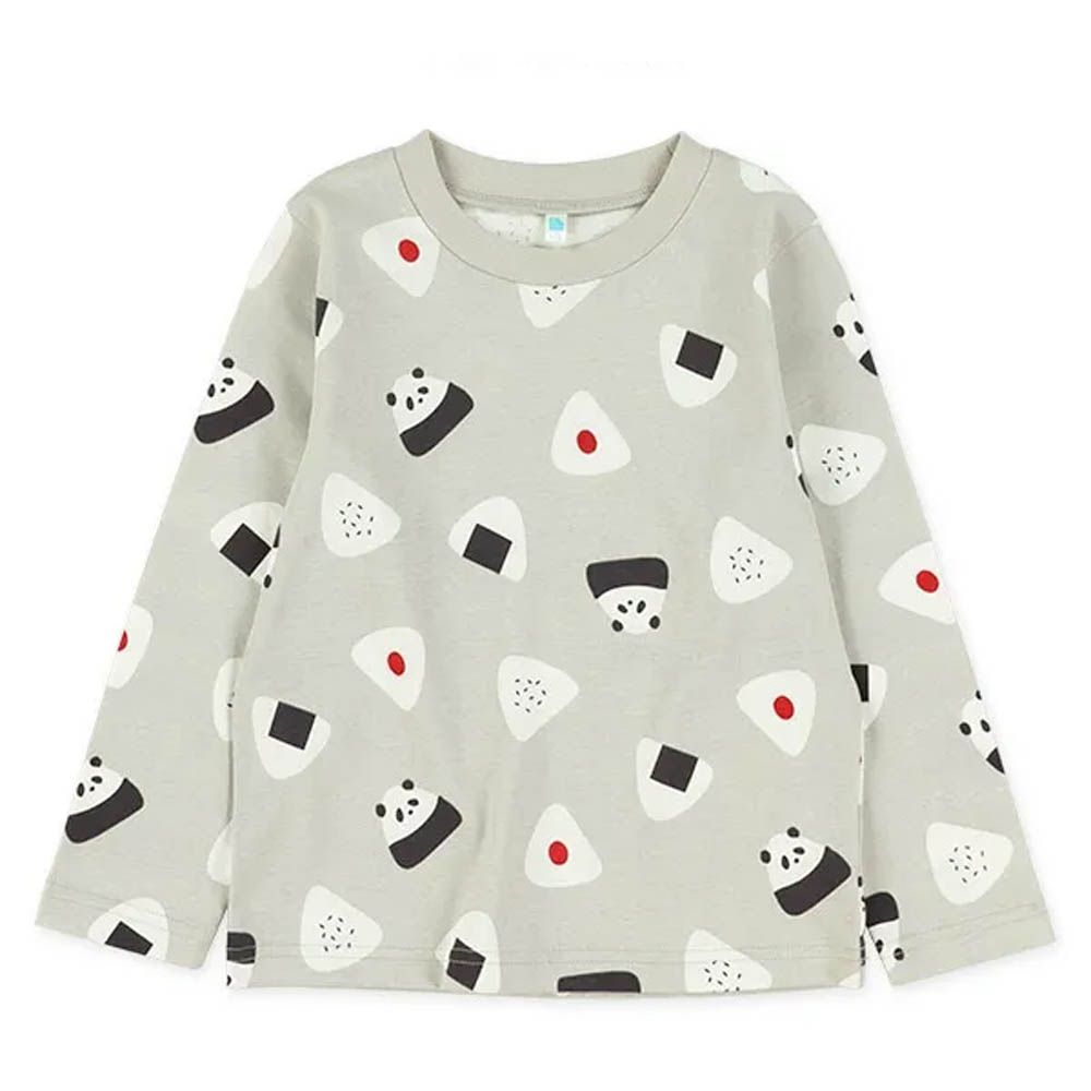 100%棉 滿版可愛印花長袖上衣-熊貓飯糰-淺灰