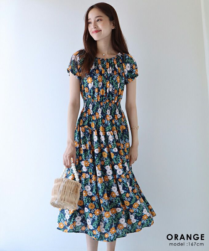 日本 BLUE EAST - 絕美平口縮腰泡泡袖洋裝-碎花-藍