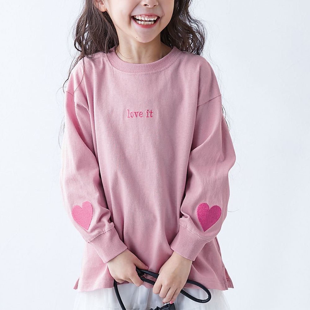 100%棉 甜美手腕刺繡長袖上衣-大愛心-桃粉紅