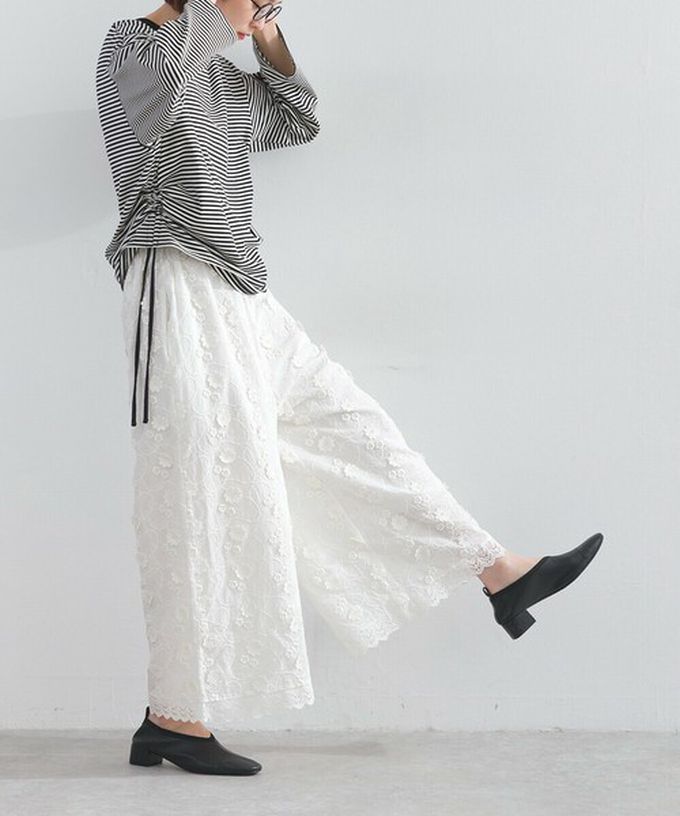 日本 Lupilien - 100%棉 奢華滿版緹花刺繡寬褲-白