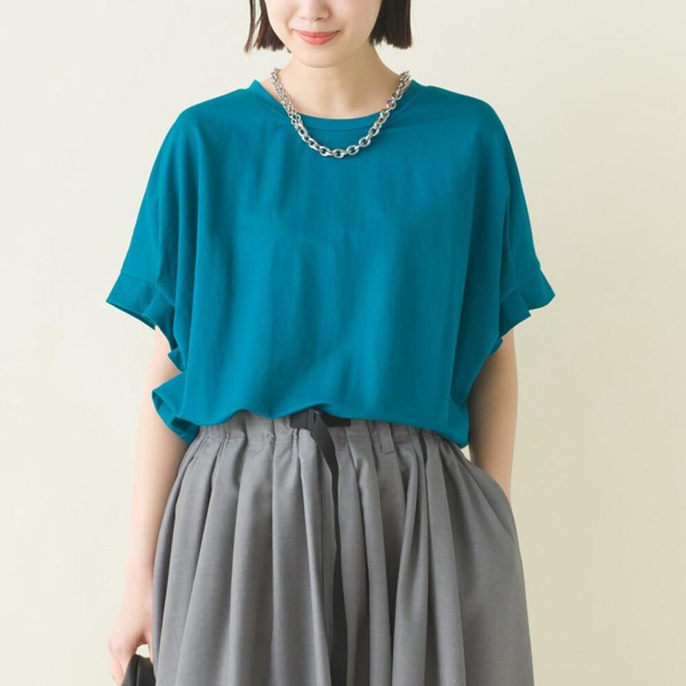 日本 OMNES - 接觸涼感 嫘縈摺邊短袖上衣-藍綠