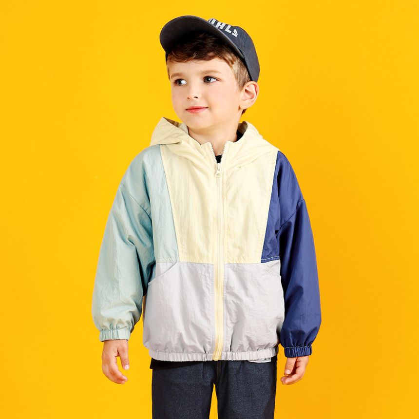 韓國 WALTON kids - 色塊口袋連帽防風外套-灰綠X米X藍