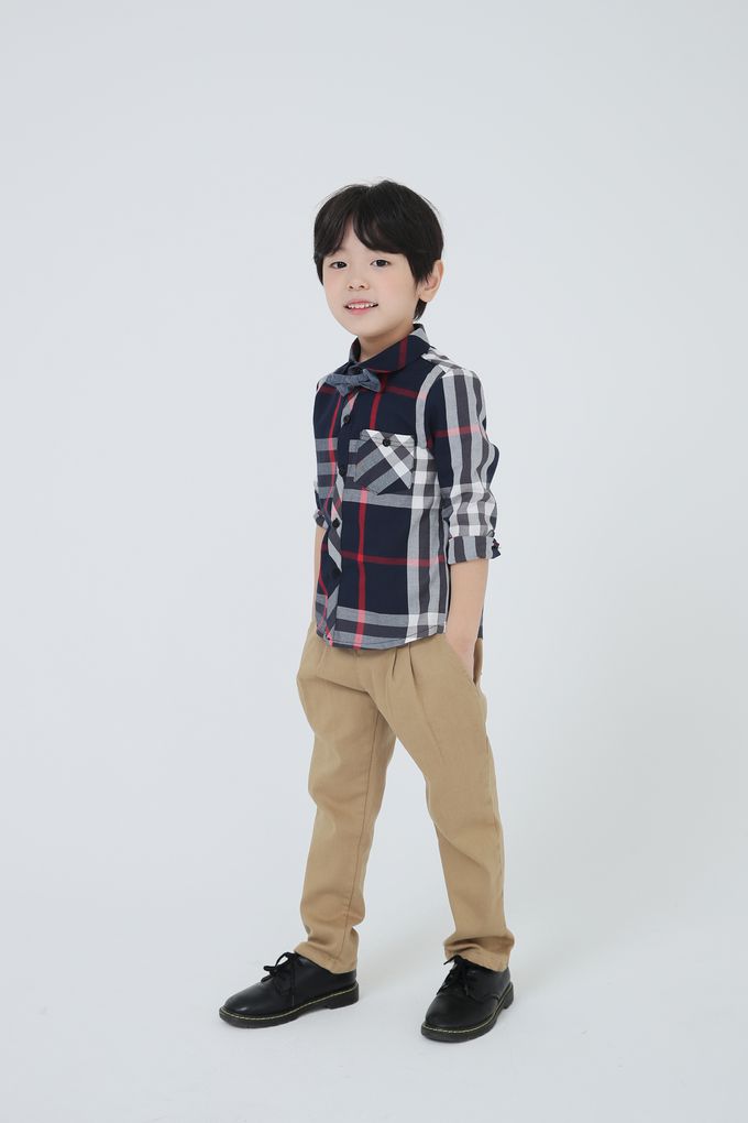 韓國 Coco Bang - 英式雙色格紋翻領長袖襯衫-深藍